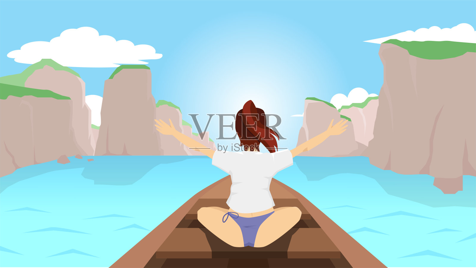 夏天的时候，穿着比基尼的女人坐在木制渔夫的面前。插画图片素材