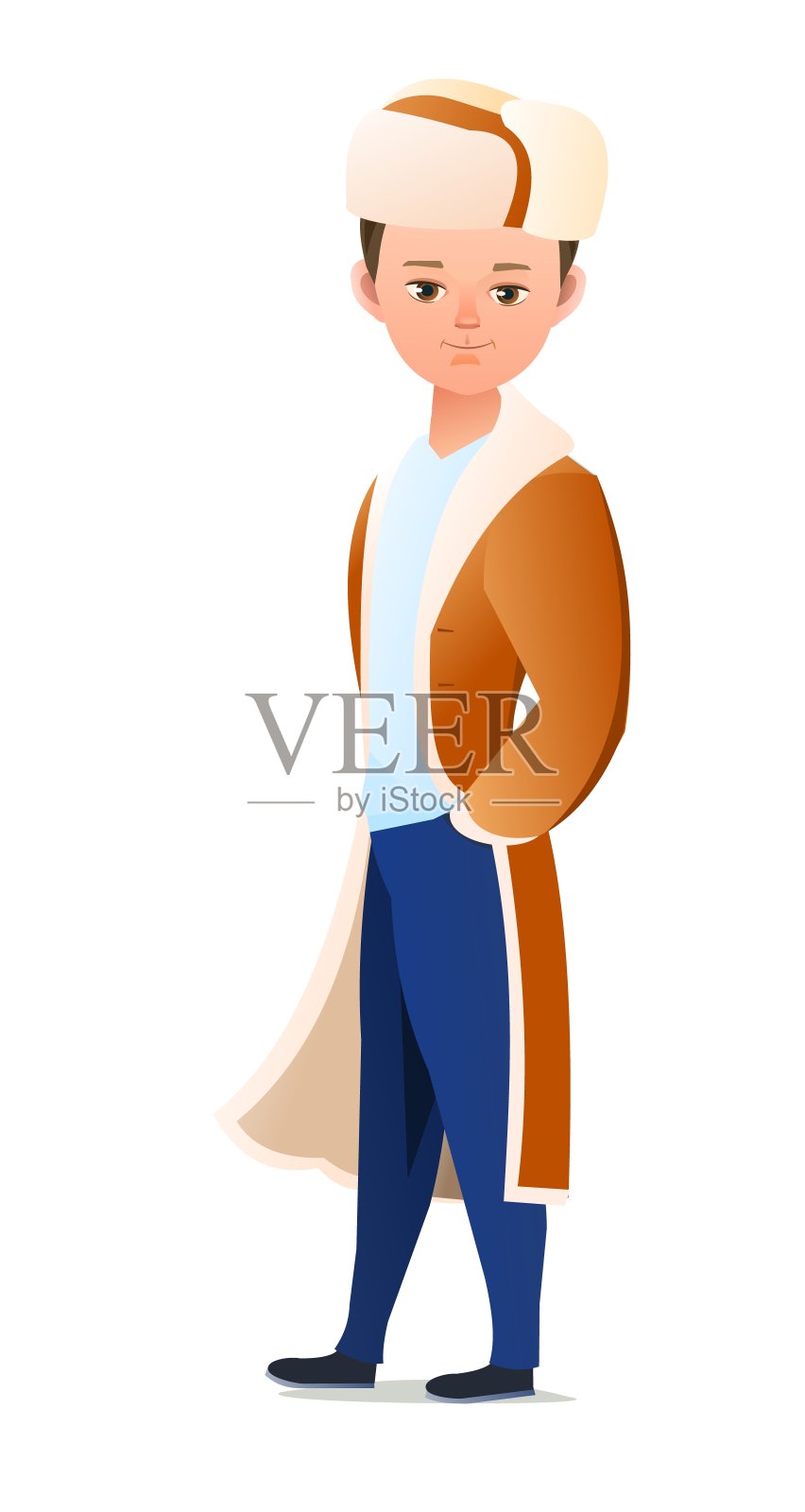 穿着冬装的小男孩。羊皮外套和保暖帽。青少年在冬天。开朗的人。站立姿势。漫画风格的平面设计。单个的字符。插图孤立的背景。向量插画图片素材