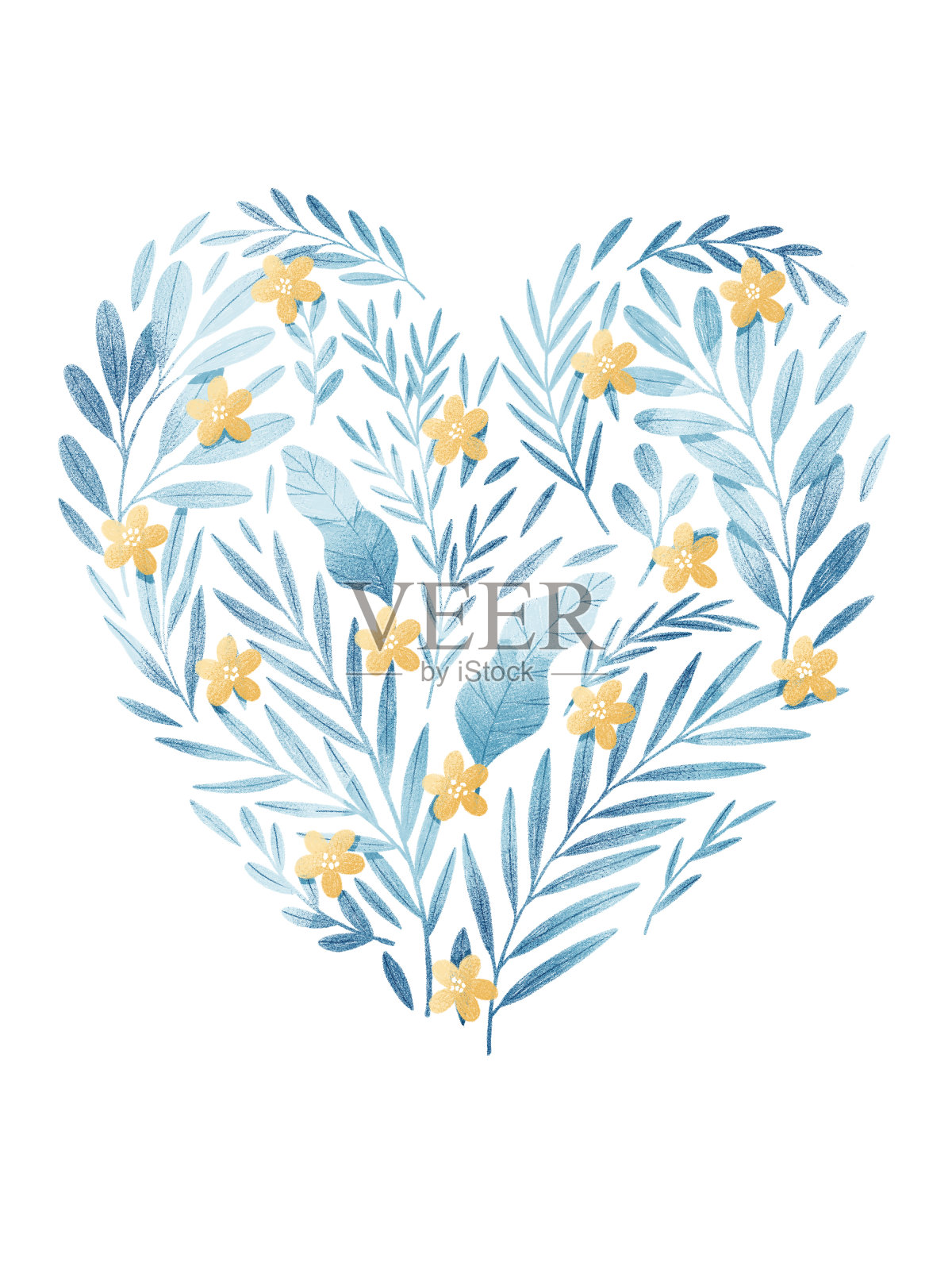 蓝叶花心。情人节贺卡模板插画图片素材