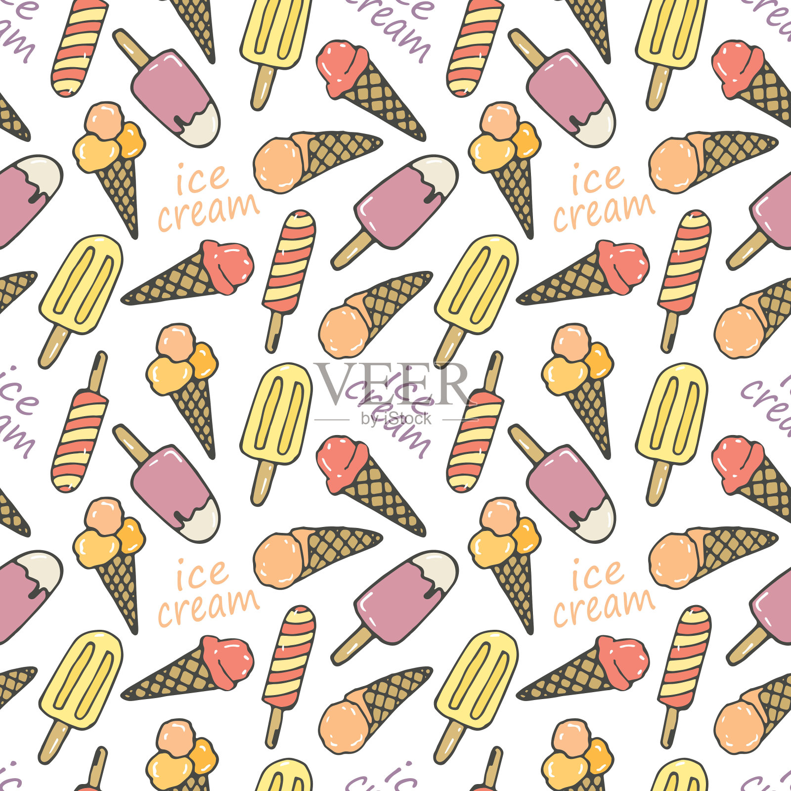 矢量涂鸦冰淇淋无缝图案。手绘卡通冰淇淋。设计元素图片