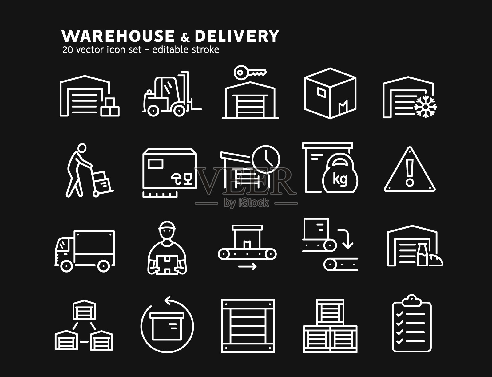 仓库和交付线图标设置。送货员和货车，食品和冷藏仓库。仓库外观、全球物流行业、配送服务轮廓图标。可编辑的描边，黑色背景图标素材