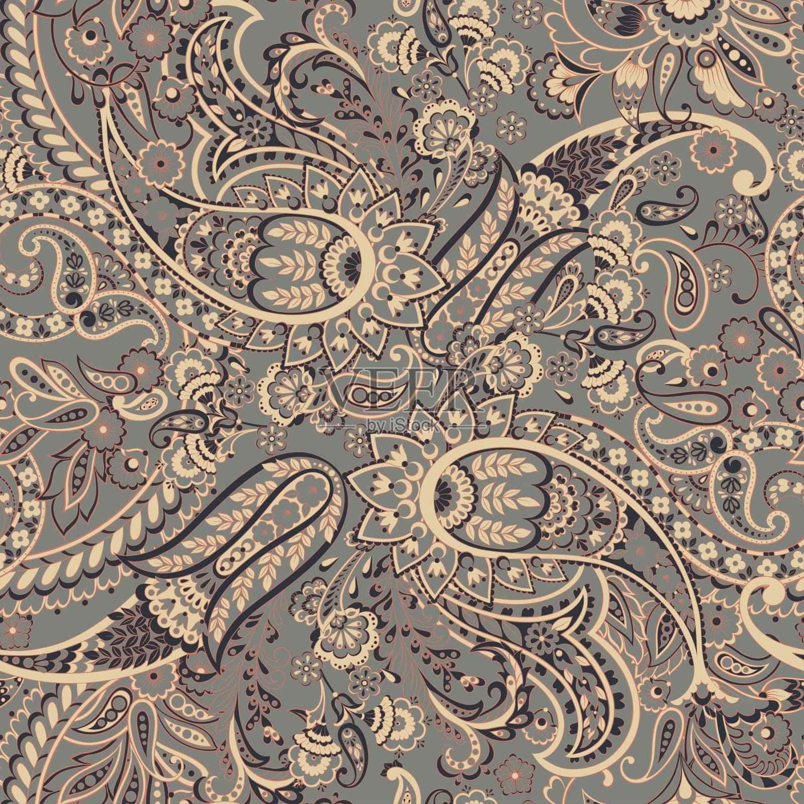 佩斯利花矢量图案在锦缎风格。无缝的背景插画图片素材