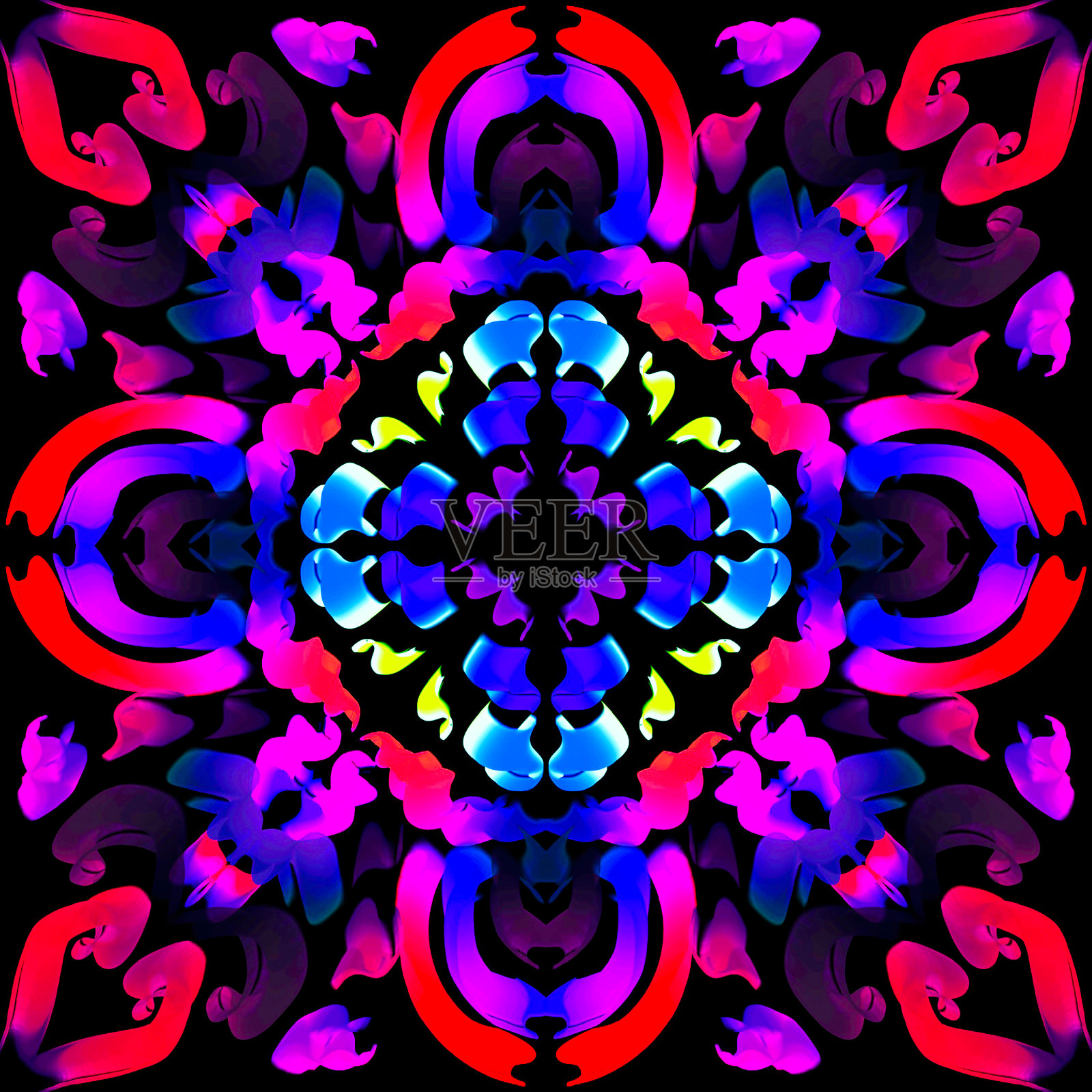 黑色背景上的多色装饰元素，抽象对称的图案，迷幻的风格，手绘在图形平板上，用于创建图案，包装装饰，印刷产品，横幅和传单，纺织品插画图片素材