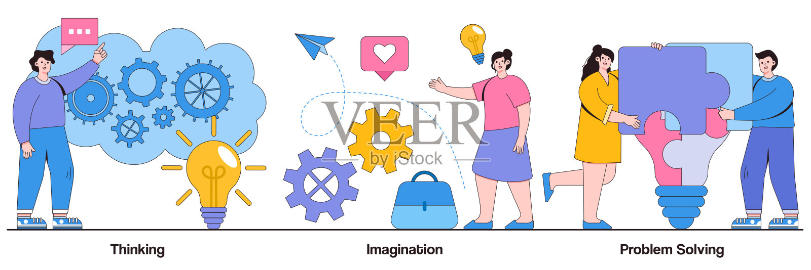 和小矮人一起思考，想象，解决问题。大脑活动抽象向量插图集。头脑风暴，想法和幻想，动机和灵感，找到解决方案的隐喻插画图片素材