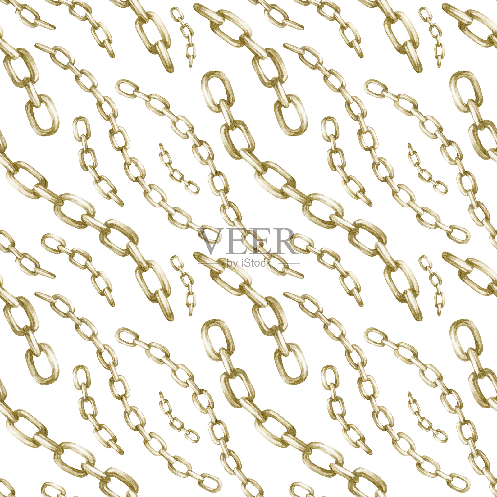 水彩无缝图案与复古金链在白色背景。插画图片素材