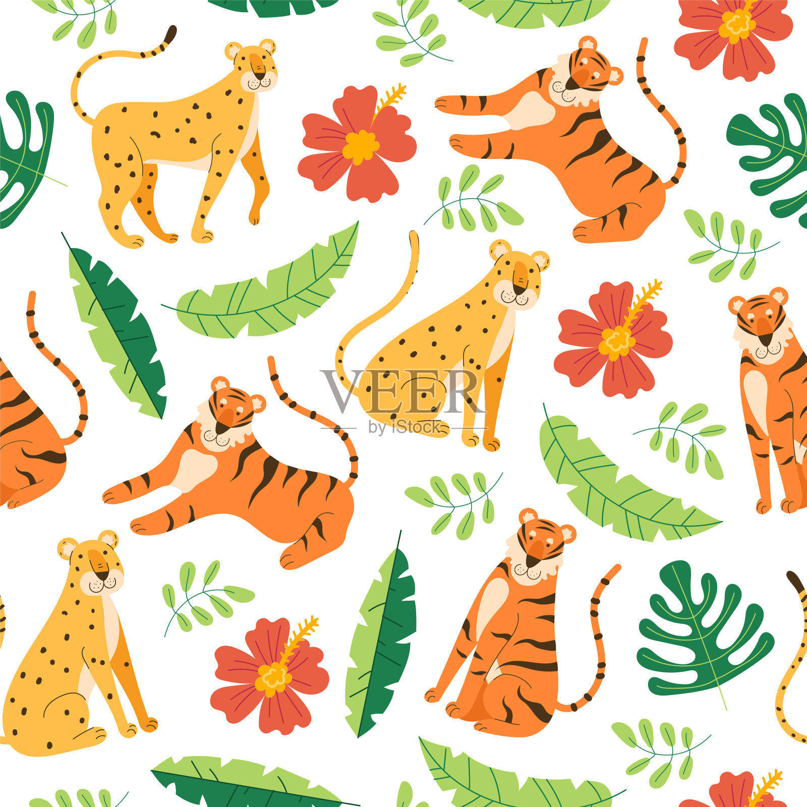 丛林猫科动物、豹、虎无缝图案。矢量平面平面设计卡通插图插画图片素材
