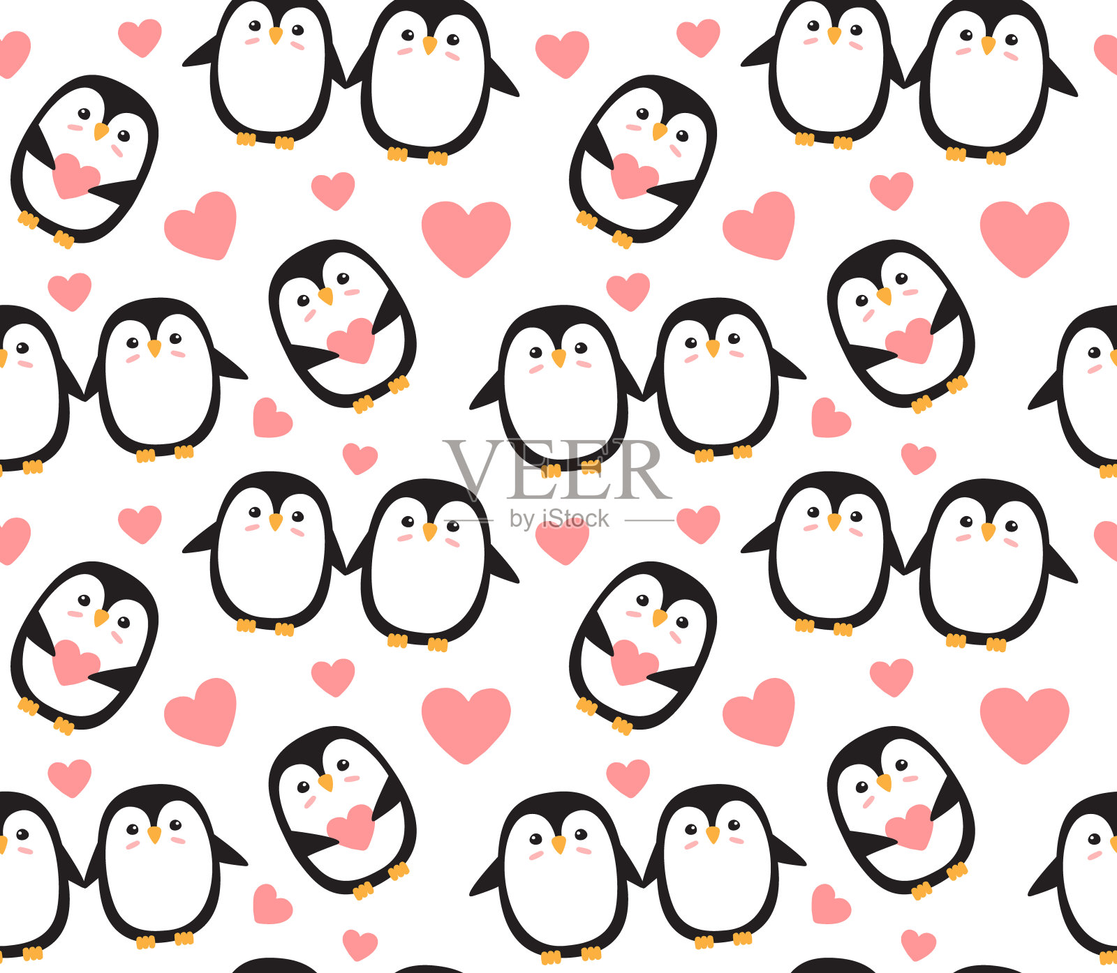 向量无缝图案的情人爱企鹅与心插画图片素材