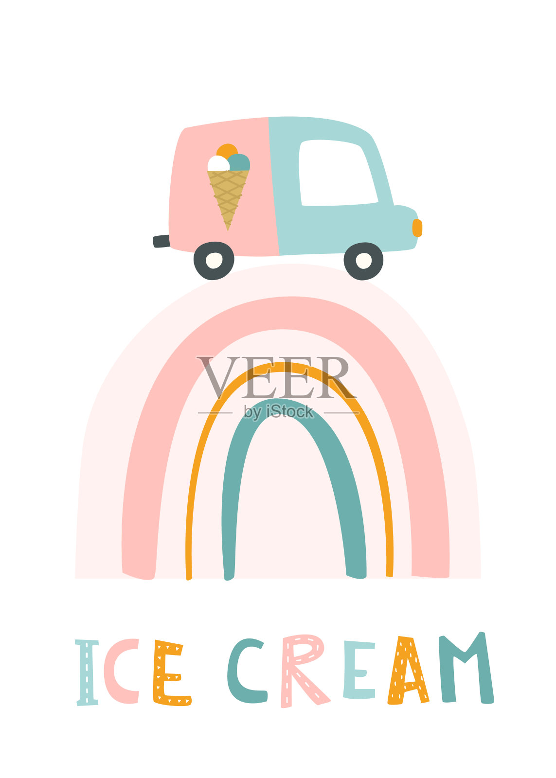 彩虹上挂着冰淇淋车的幼儿园海报。婴儿图案和可爱的涂鸦冰淇淋车。插画图片素材