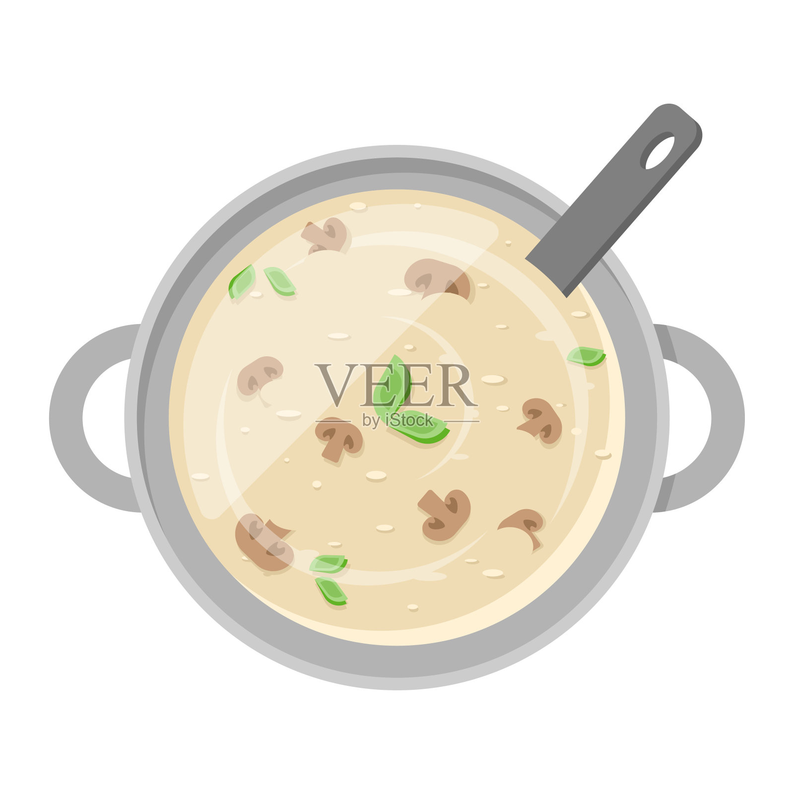 烹饪开胃蘑菇奶油汤在锅与勺顶视图矢量平面插图插画图片素材