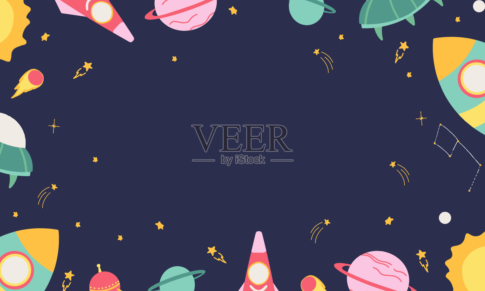 宇宙元素的美丽背景。宇宙飞船，火箭，飞碟，行星，星座，星系，小行星。五彩缤纷的和明亮的。矢量设置在一个平面卡通风格。为了贴纸，版画，装饰插画图片素材