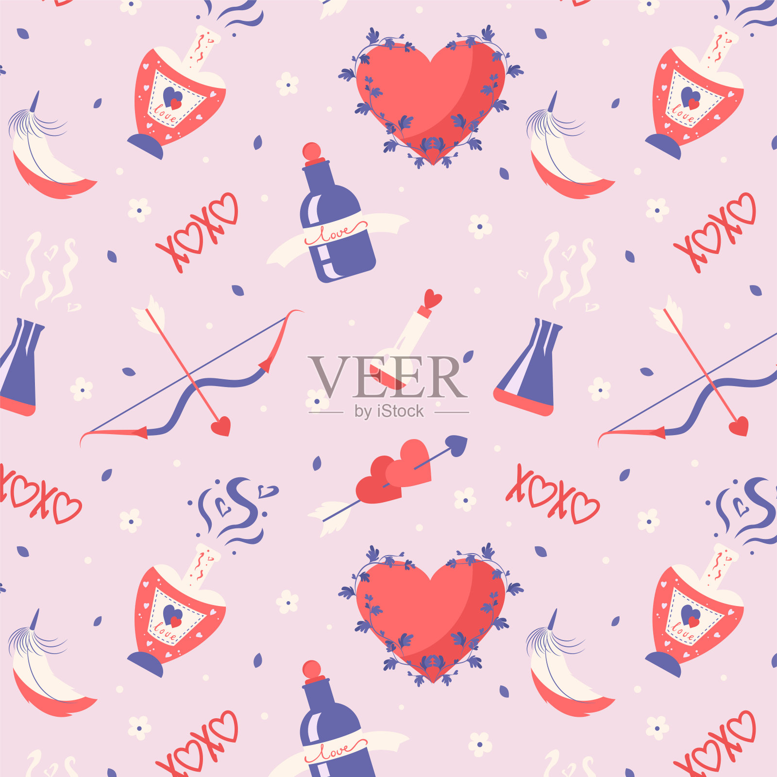 情人节庆祝活动，无缝图案的爱情药水瓶在一个心形，弓和箭的涂鸦风格。插画图片素材