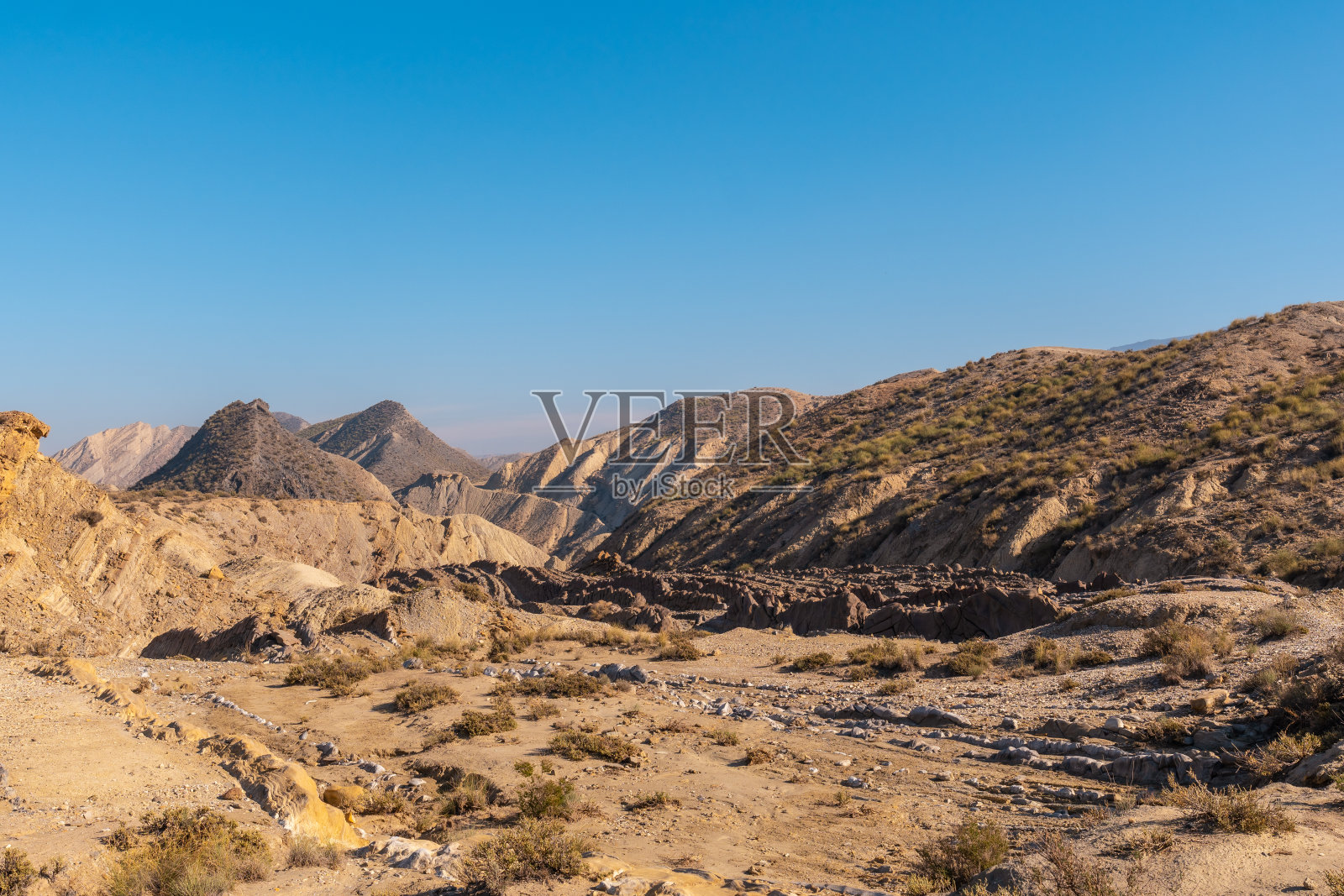 这是位于塔伯纳斯(Almería省，安达卢西亚)沙漠中的巨龙可乐(Colas de Dragon)令人印象深刻的景观。沙漠徒步旅行，生活方式照片摄影图片