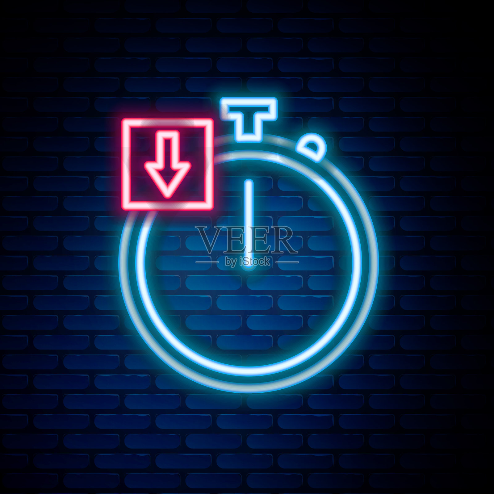 发光的霓虹灯行秒表图标孤立在砖上插画图片素材