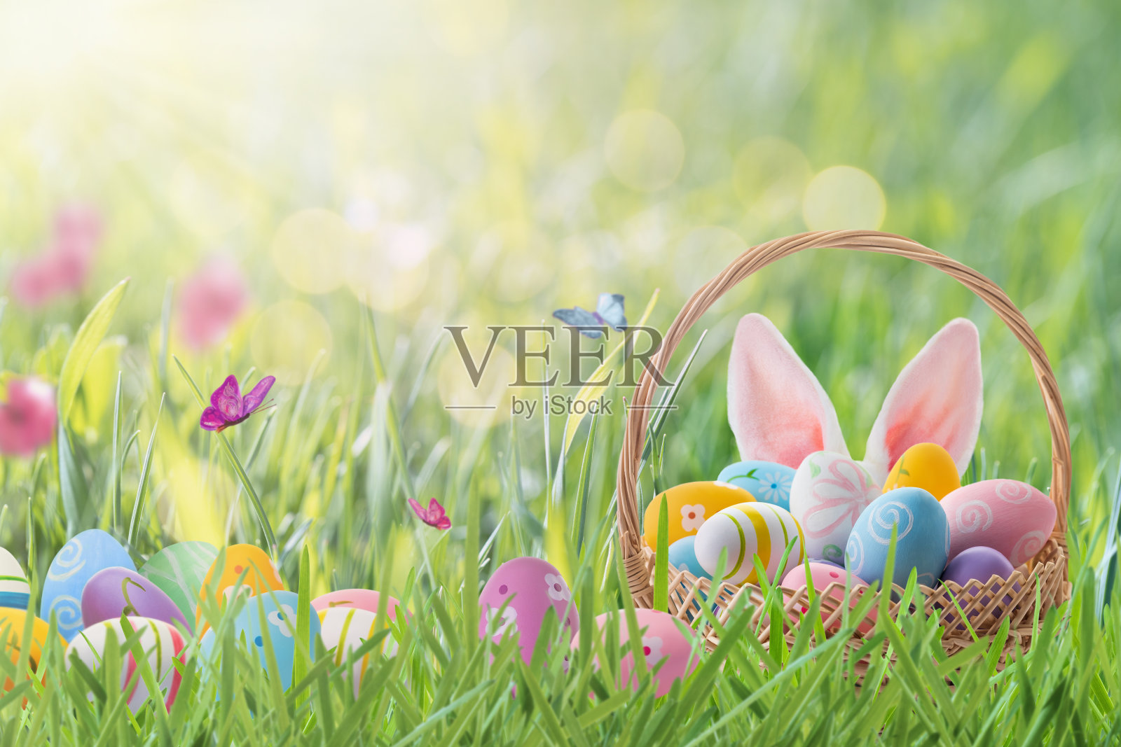 复活节快乐贺卡和复活节篮子。照片摄影图片