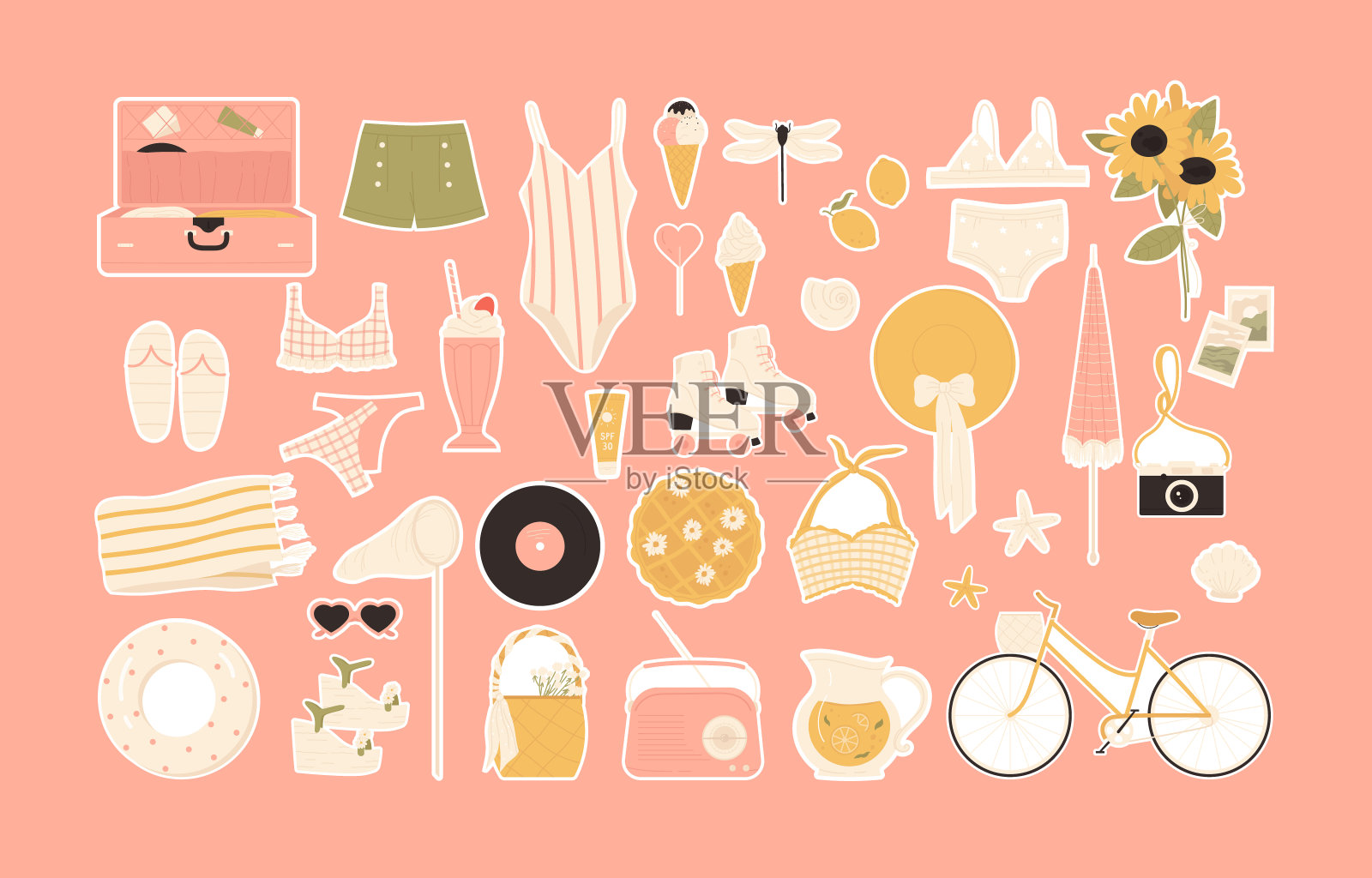 的夏季。夏天的东西。服装、配饰美学。度假、旅游、海滩的概念。矢量插图在卡通风格。孤立的粉红色背景。插画图片素材