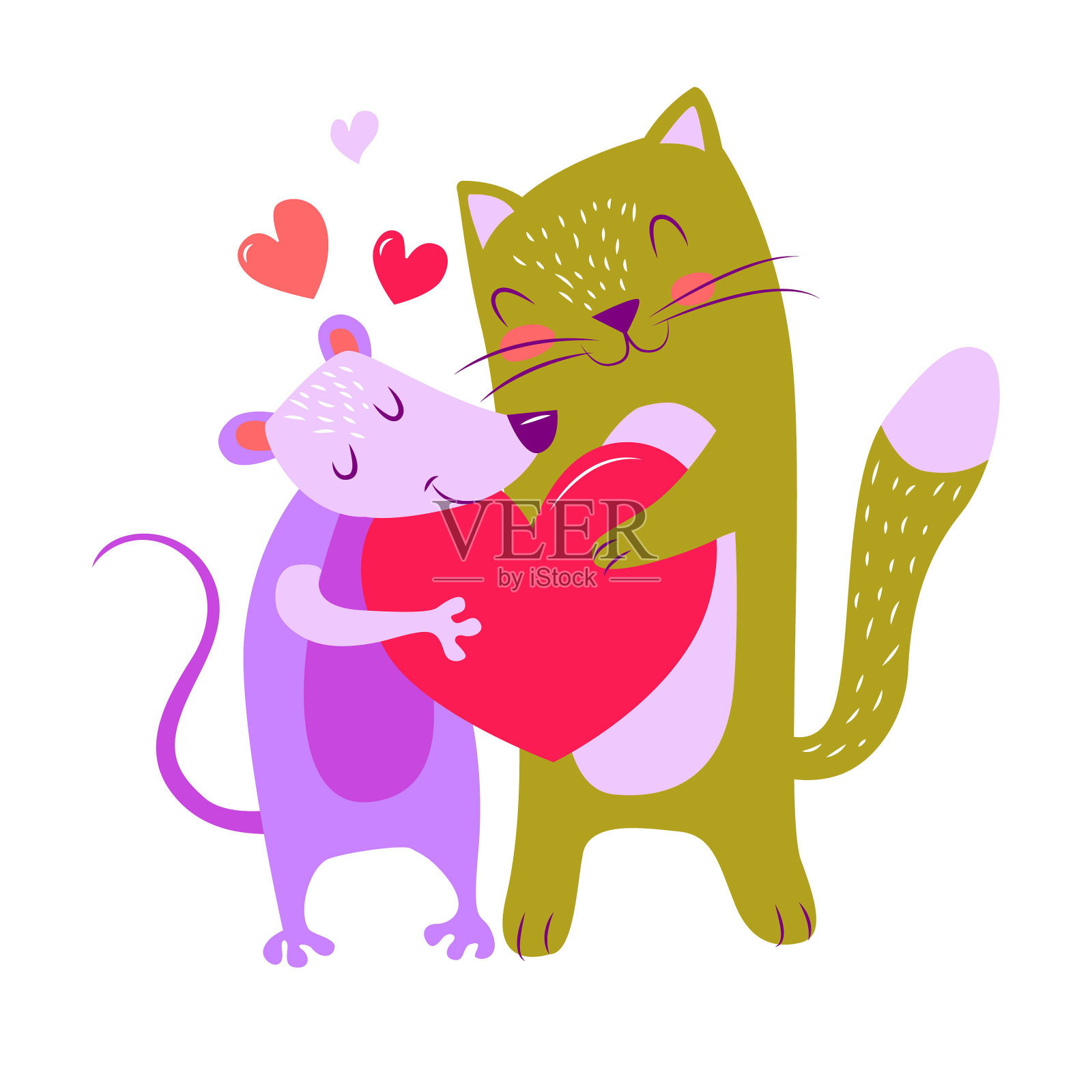 一对可爱的小动物，一只老鼠和一只猫，爪子上拿着一颗心。矢量图插画图片素材