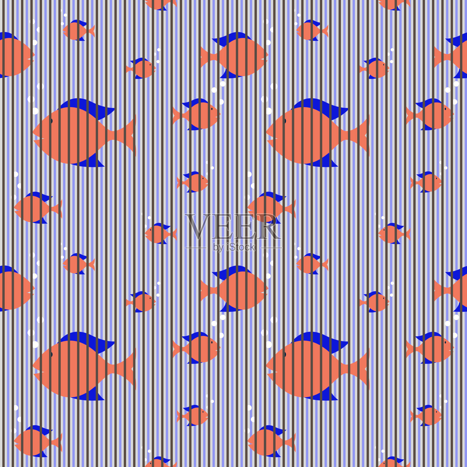 无缝装饰与垂直线和漂浮的橙色鱼插画图片素材