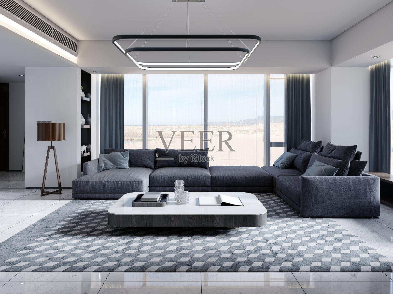 大灰色设计师角落沙发在窗前与现代设计师杂志表和灰色地毯。照片摄影图片