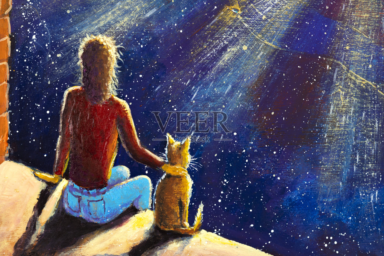 幻想艺术浪漫画女孩与猫看进夜蓝色的空间和梦想插图为童话和幻想的书插画图片素材