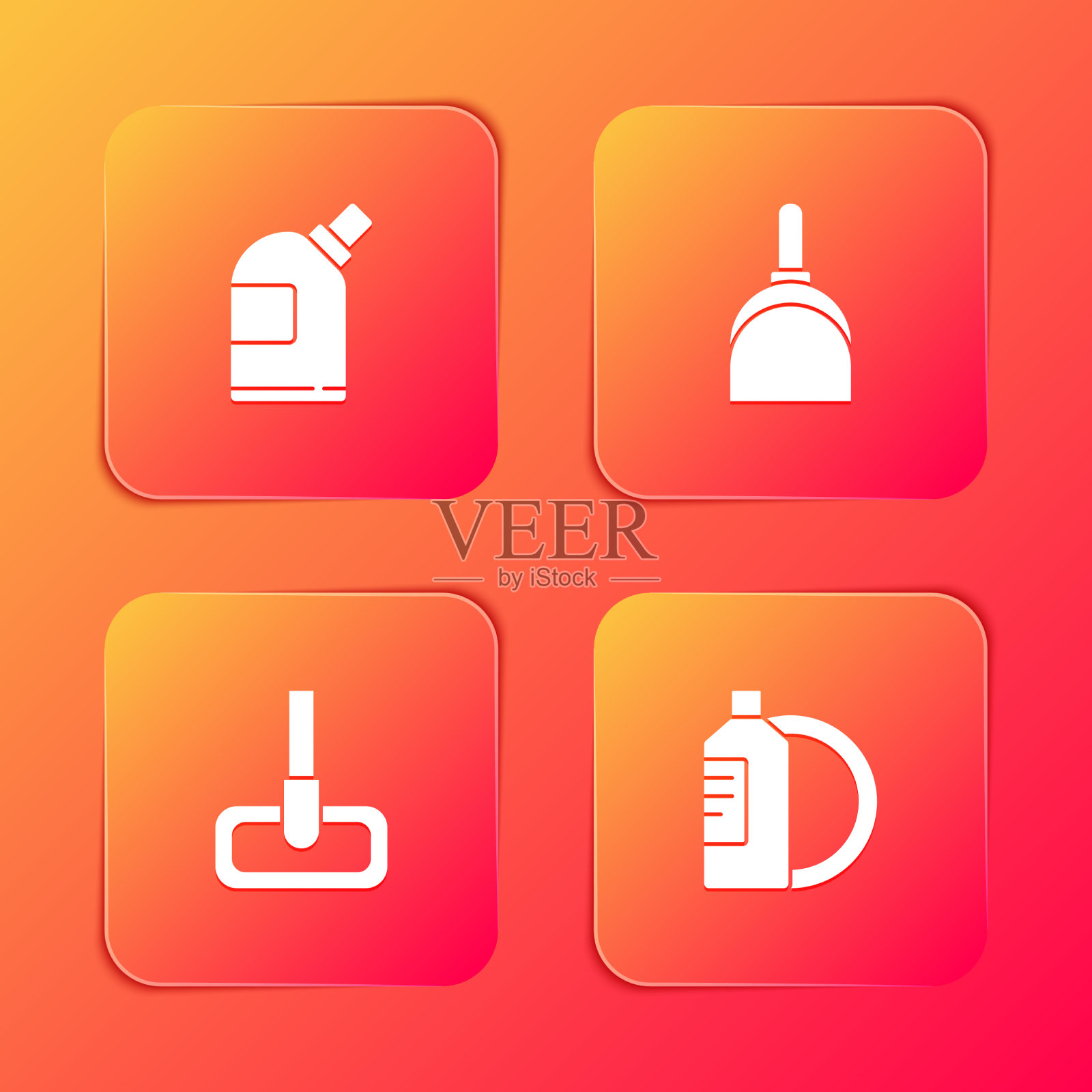 设置清洗剂、畚箕、拖把和瓶子图标素材