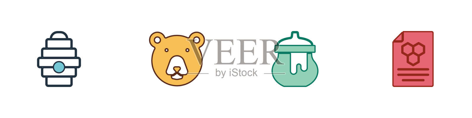 为蜜蜂设置蜂巢，熊头和蜂蜜罐图标素材