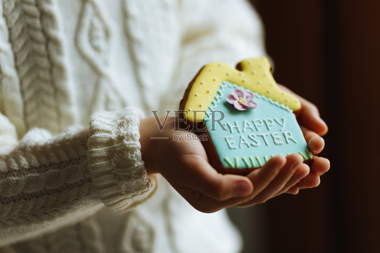 小男孩拿着房子形状的姜饼，上面写着“复活节快乐”照片摄影图片