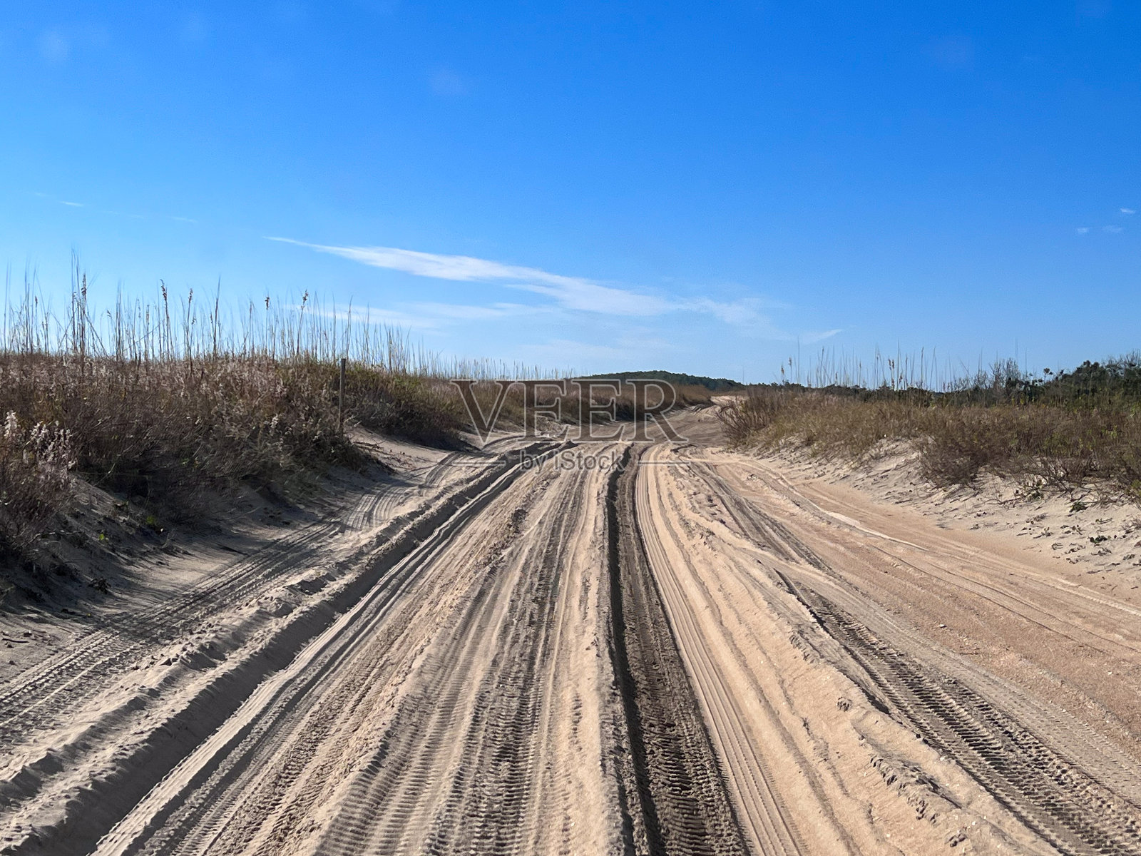 ATV的轨道穿过北卡罗莱纳外滩海岸的沙丘照片摄影图片