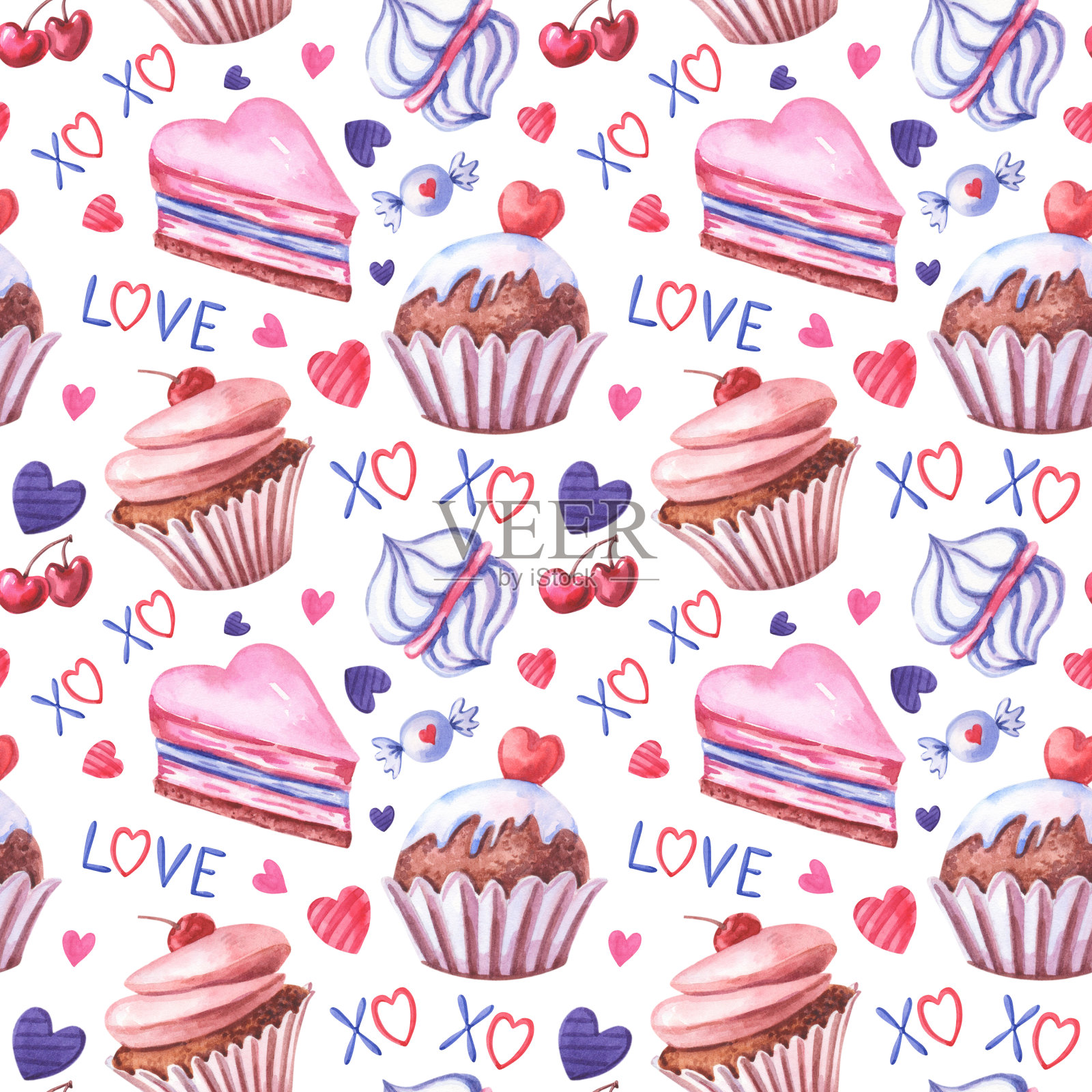 水彩纸杯蛋糕爱心无缝图案：粉色心形、蛋糕、糖果、樱桃插画图片素材