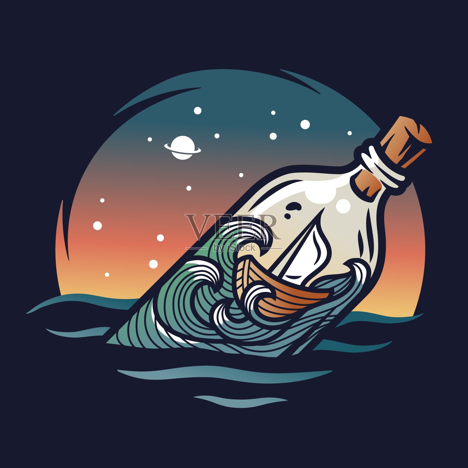 航海船，瓶在太空波插画图片素材