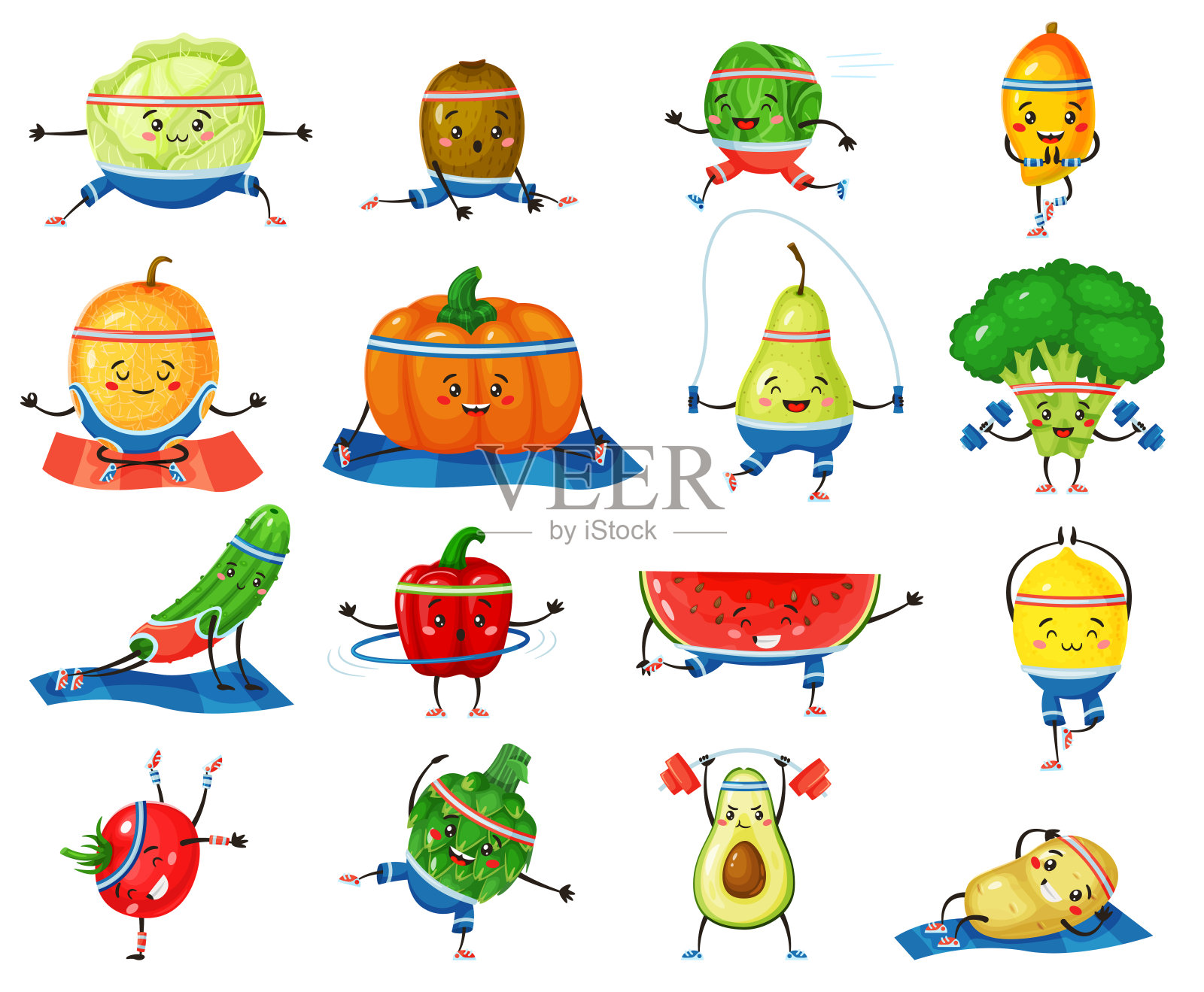 水果和蔬菜，锻炼，鳄梨，花椰菜和西瓜插画图片素材