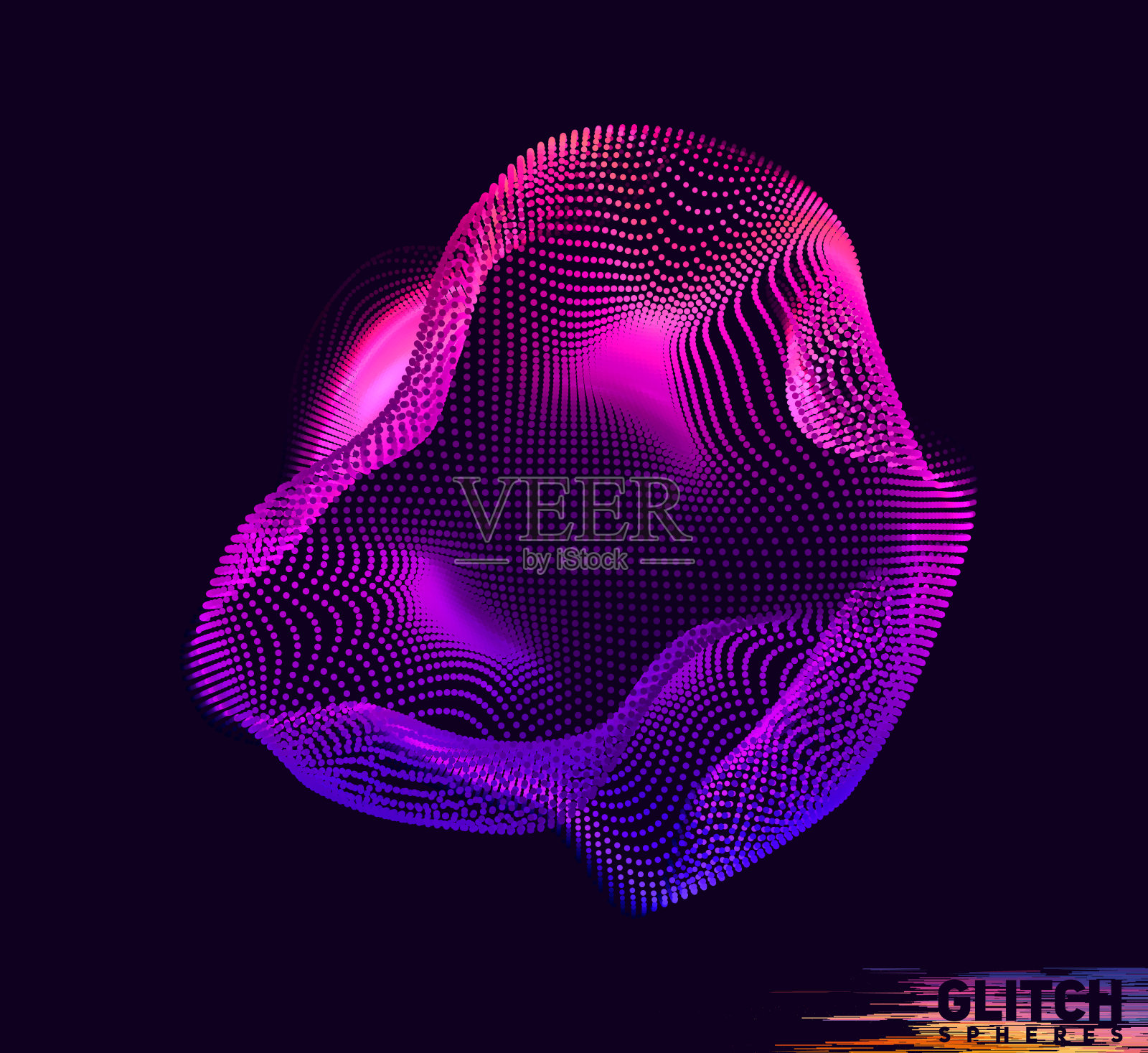 损坏的紫色点球。抽象矢量彩色网格在黑暗的背景。未来主义风格的名片。插画图片素材