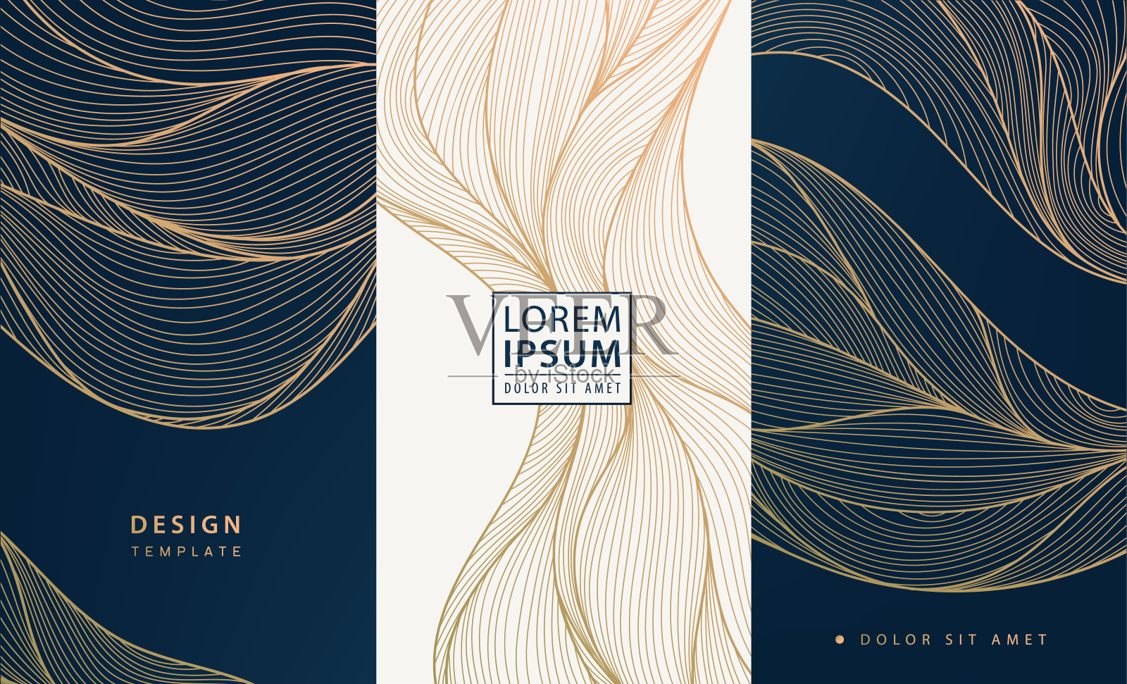 集合矢量设计元素:传单、镜框、婚礼请柬、社交网络故事、包装、奢侈品、香水、肥皂、葡萄酒、乳液。金色线条的波浪，装饰艺术。设计模板素材