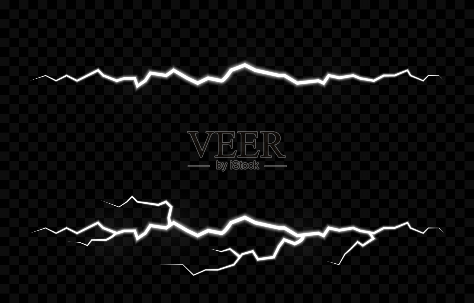 矢量闪电、闪电png、雷暴、闪电。自然现象，光效应。PNG。设计元素图片