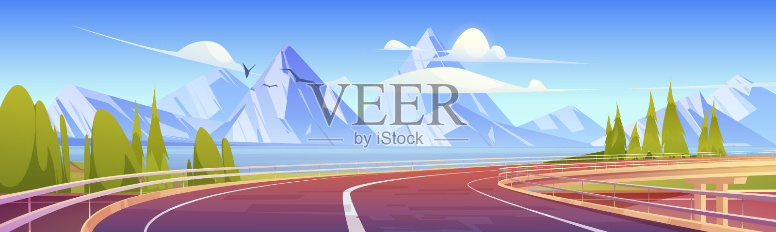 湖岸边的汽车立交桥上有山插画图片素材