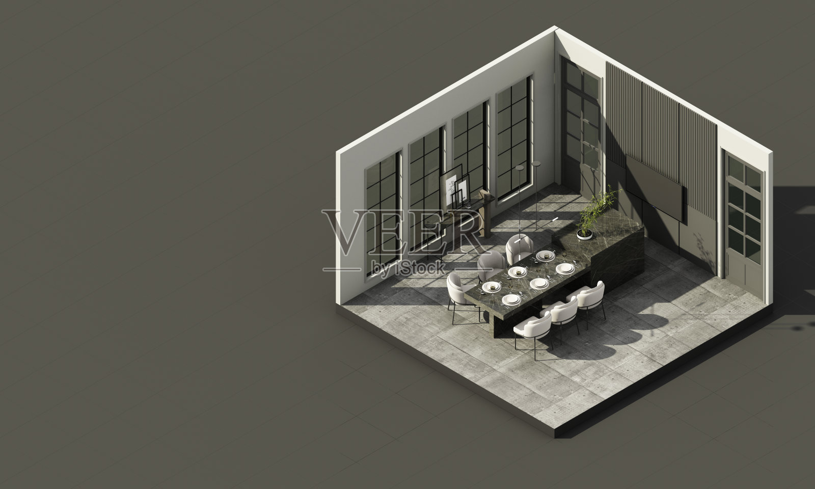 餐厅内部的豪华简约风格，在混凝土瓷砖地板上使用木材材料和浅灰色布料，公寓的拱形走道上有大窗户3d渲染等距照片摄影图片