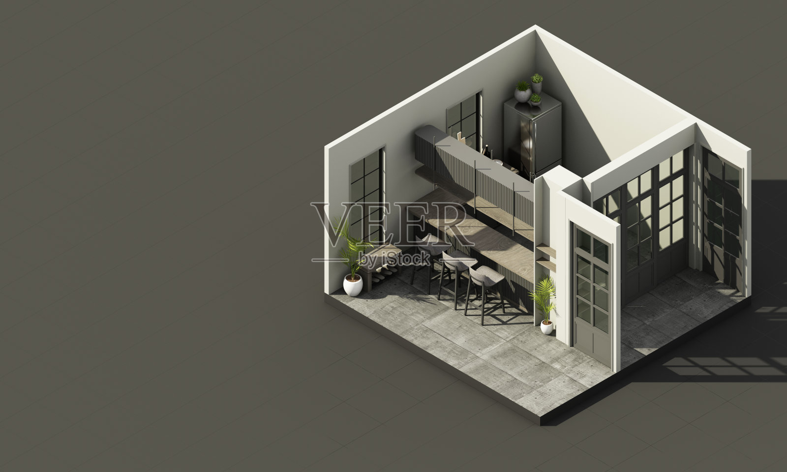 厨房和餐具室的室内豪华简约风格，在混凝土瓷砖地板上使用木质材料和浅灰色布料，公寓的拱形走道上有大窗户3d渲染等距照片摄影图片