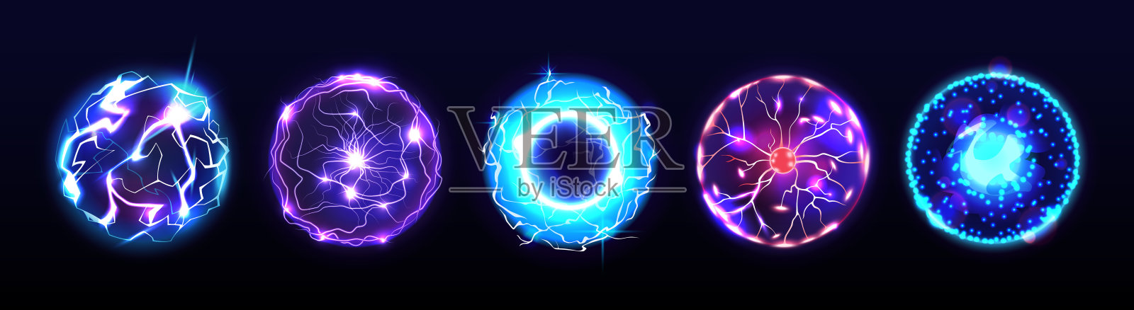 电能量球具有闪电、电的强大自然要素。矢量等离子体效应，发光闪亮的火花。科学实验或搜索，分子或卡通原子结构插画图片素材