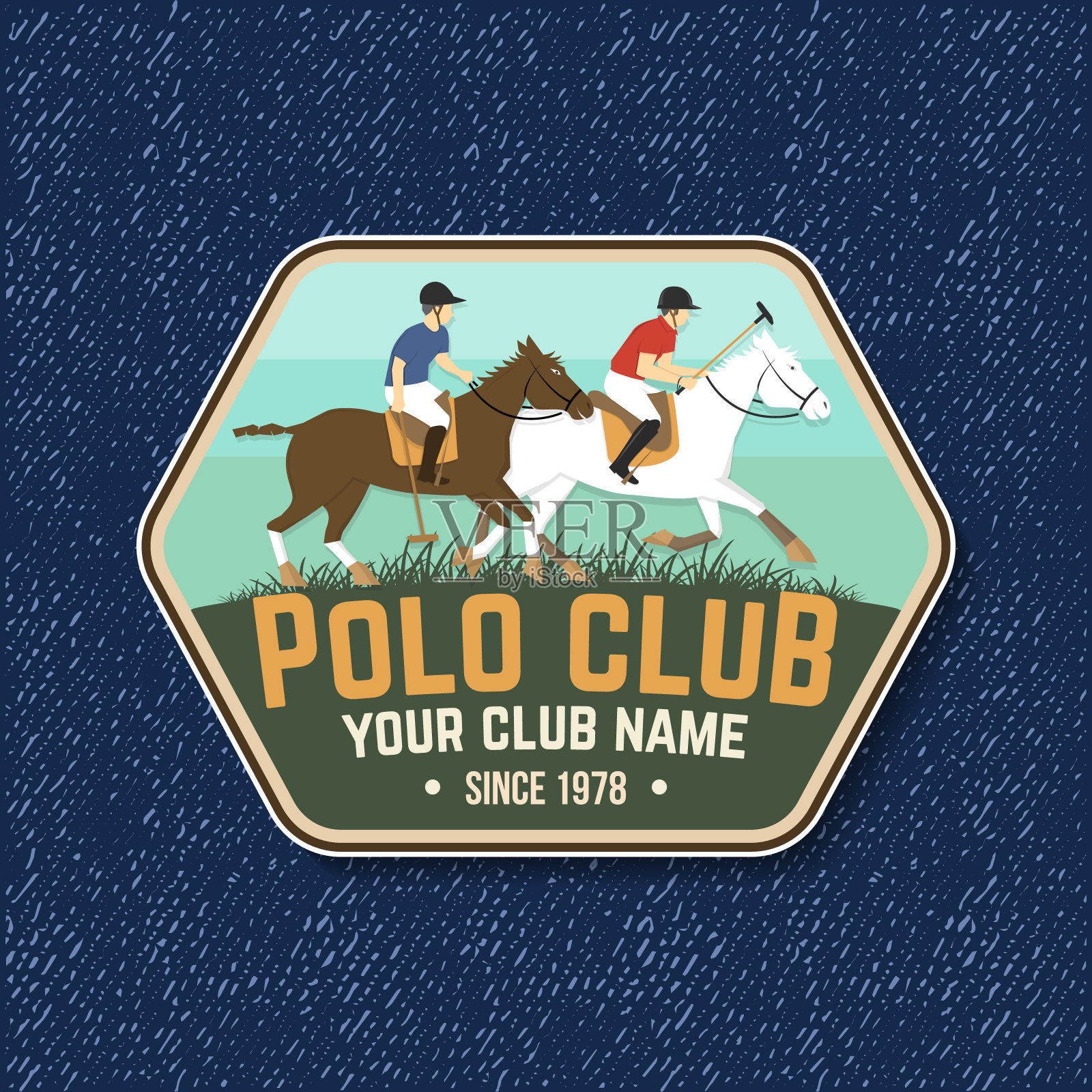 马球会运动徽章、标牌、会徽、标志。矢量插图。复古单色马球标签与骑手和马的剪影。马球俱乐部比赛马术运动。概念衬衫或标志，印刷，邮票或t恤。插画图片素材