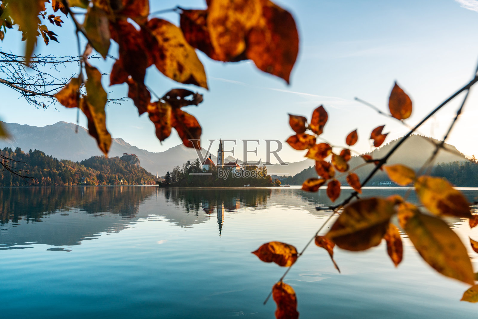 斯洛文尼亚著名的高山湖泊布莱斯科湖(Blejsko jezero)是令人惊叹的秋季景观。美丽的湖泊，有教堂的岛屿，布莱茵城堡，群山，蓝天白云，清新的空气照片摄影图片
