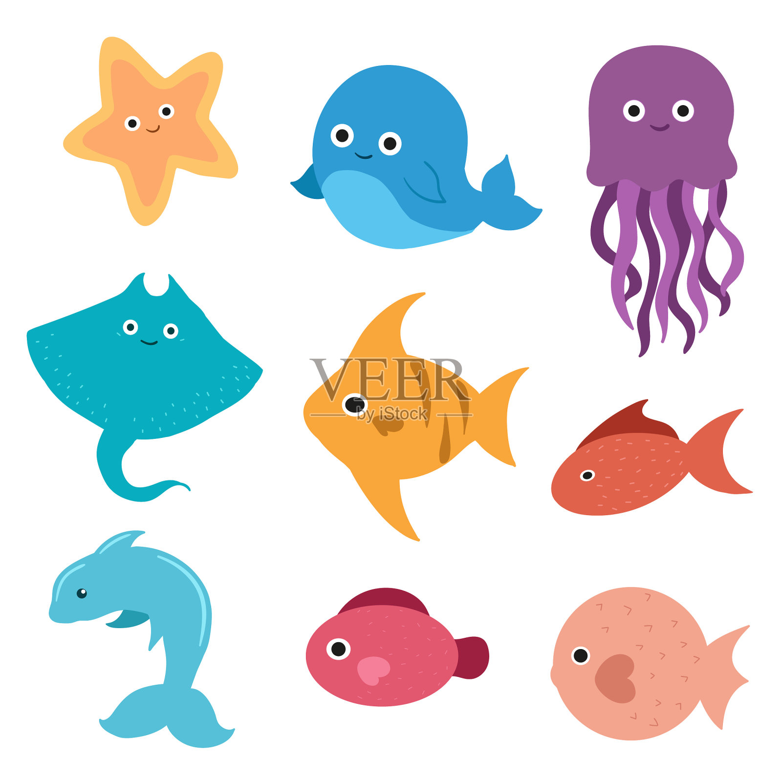 有鱼、黄貂鱼、海豚、章鱼和鲸鱼的水下世界。向量可爱的海洋插图或海洋。一组海洋和海洋水下动物插画图片素材