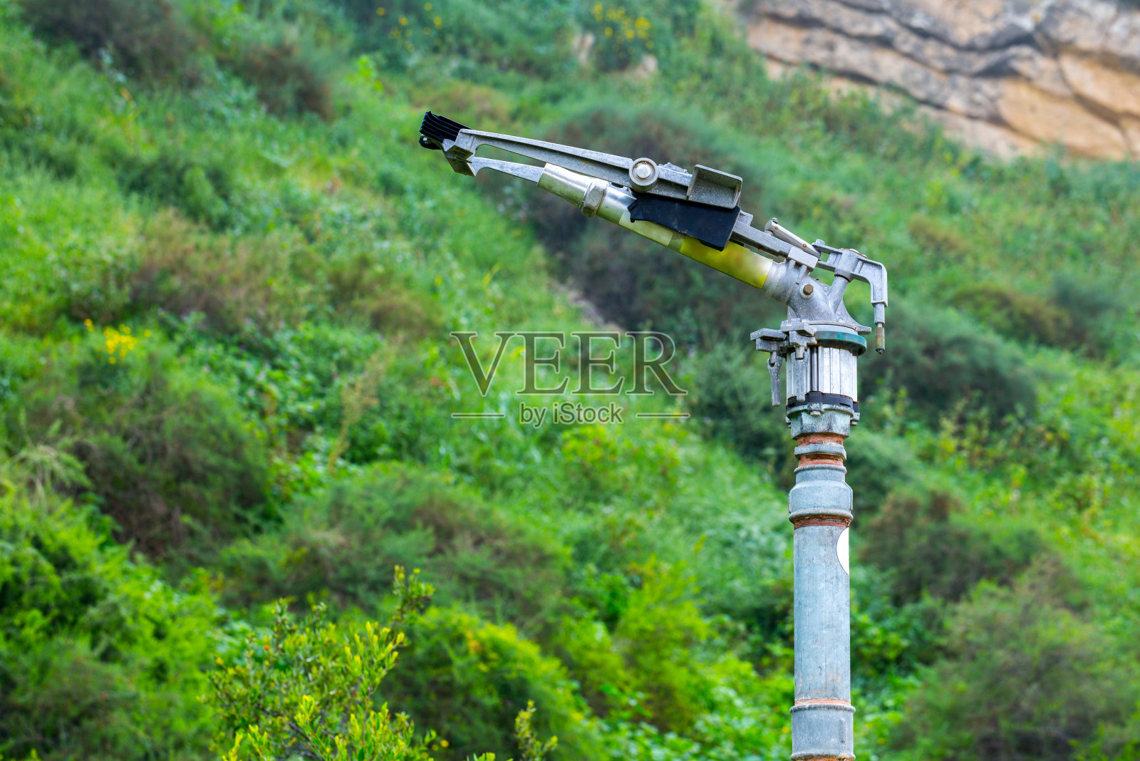 带有喷嘴阀的消防洒水喷头。在干燥和炎热的气候地区，森林或公园绿色可燃种植园的防火系统的一个重型部分。阿利坎特。西班牙。照片摄影图片