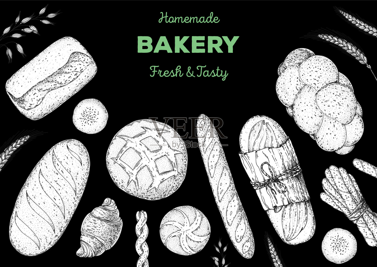 面包店草图。说明不同的烘焙食品。手绘矢量插图。背景模板设计。食品雕刻的形象。手绘素描配面包、糕点、甜点。插画图片素材
