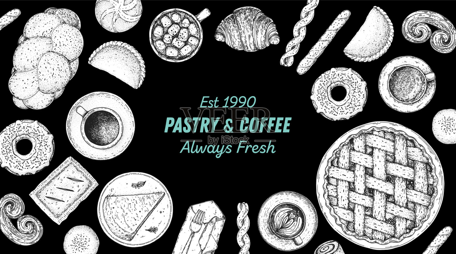 糕点和咖啡。咖啡厅的菜单。说明不同的烘焙食品。手绘矢量插图。面包店草图。背景模板设计。食品雕刻的形象。前视图。设计模板素材