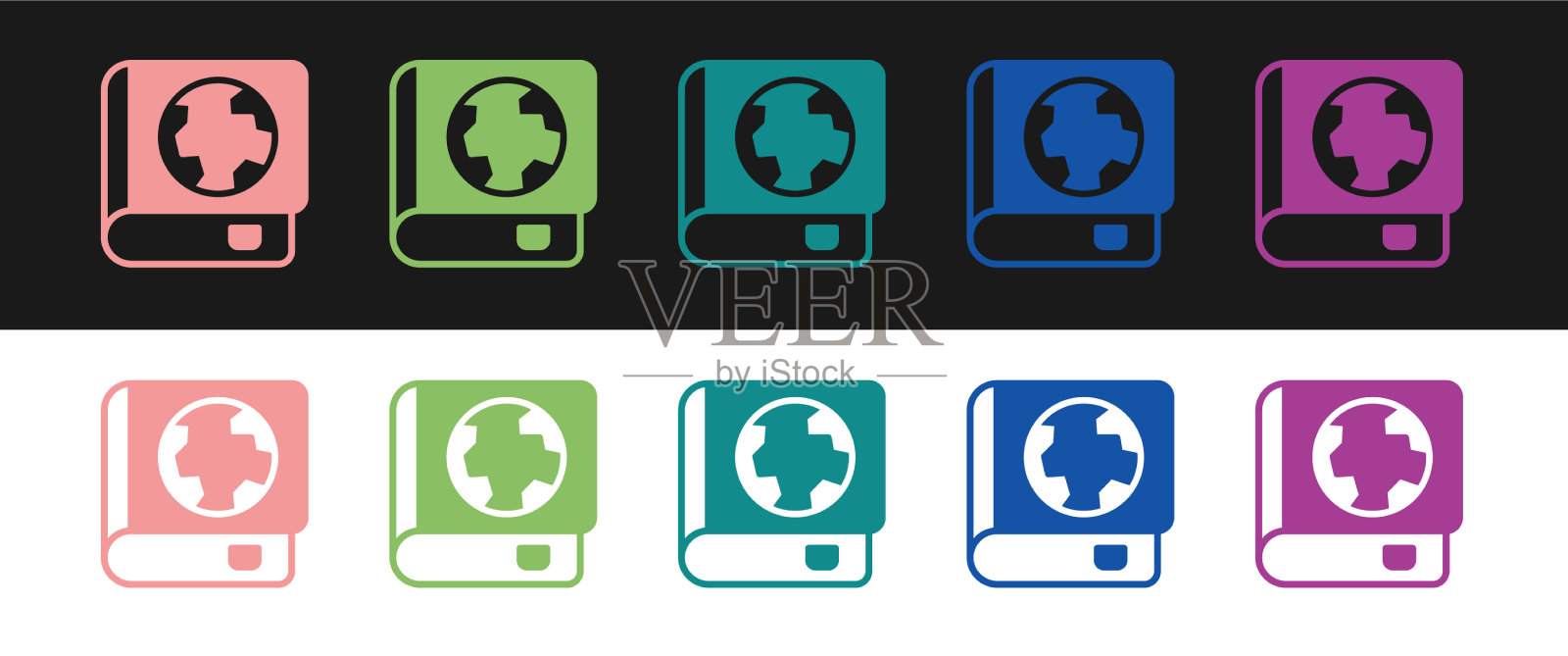 设置地球仪和书图标孤立在黑色上图标素材