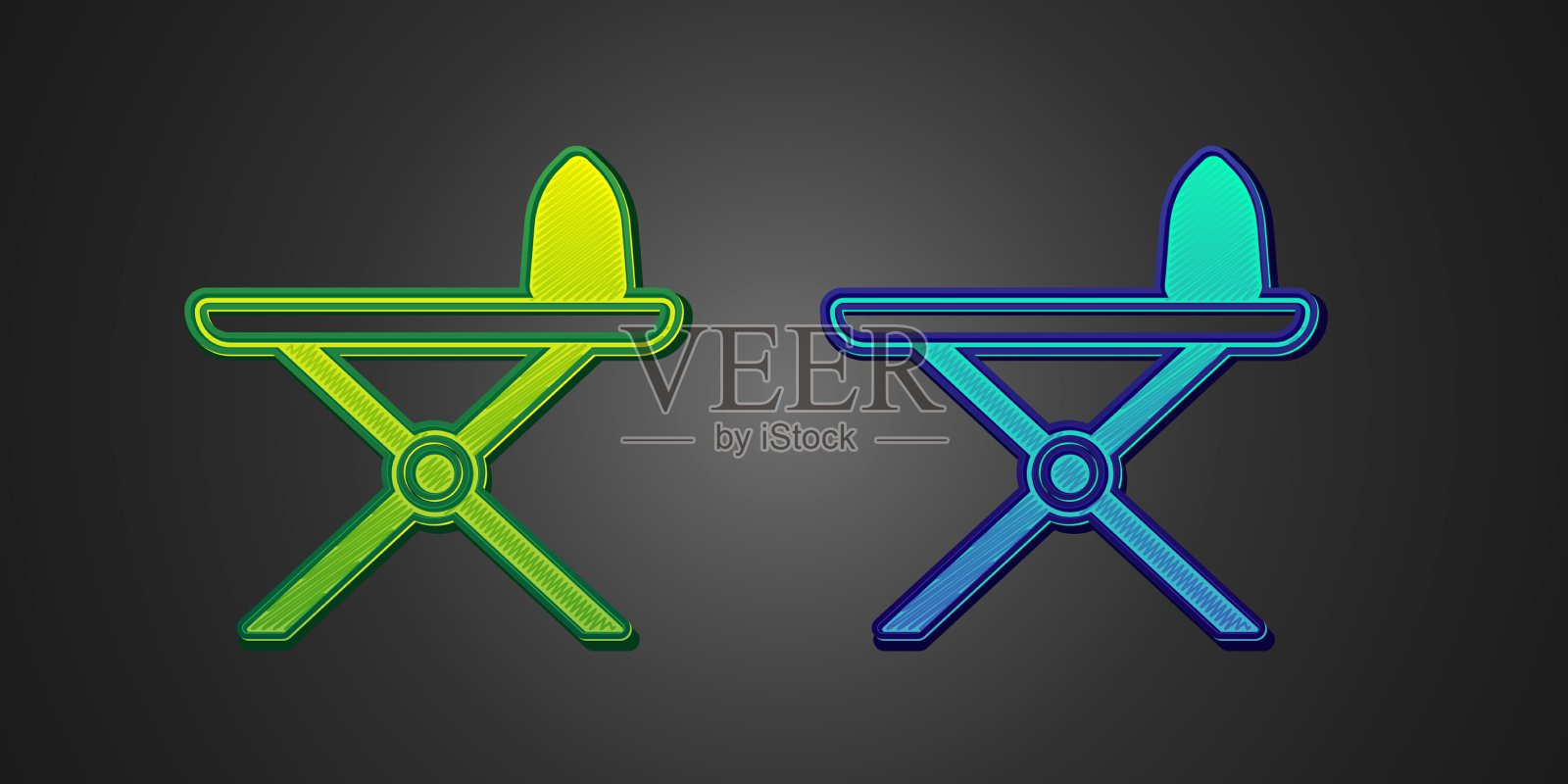 绿色和蓝色的电熨斗和熨衣板图标素材