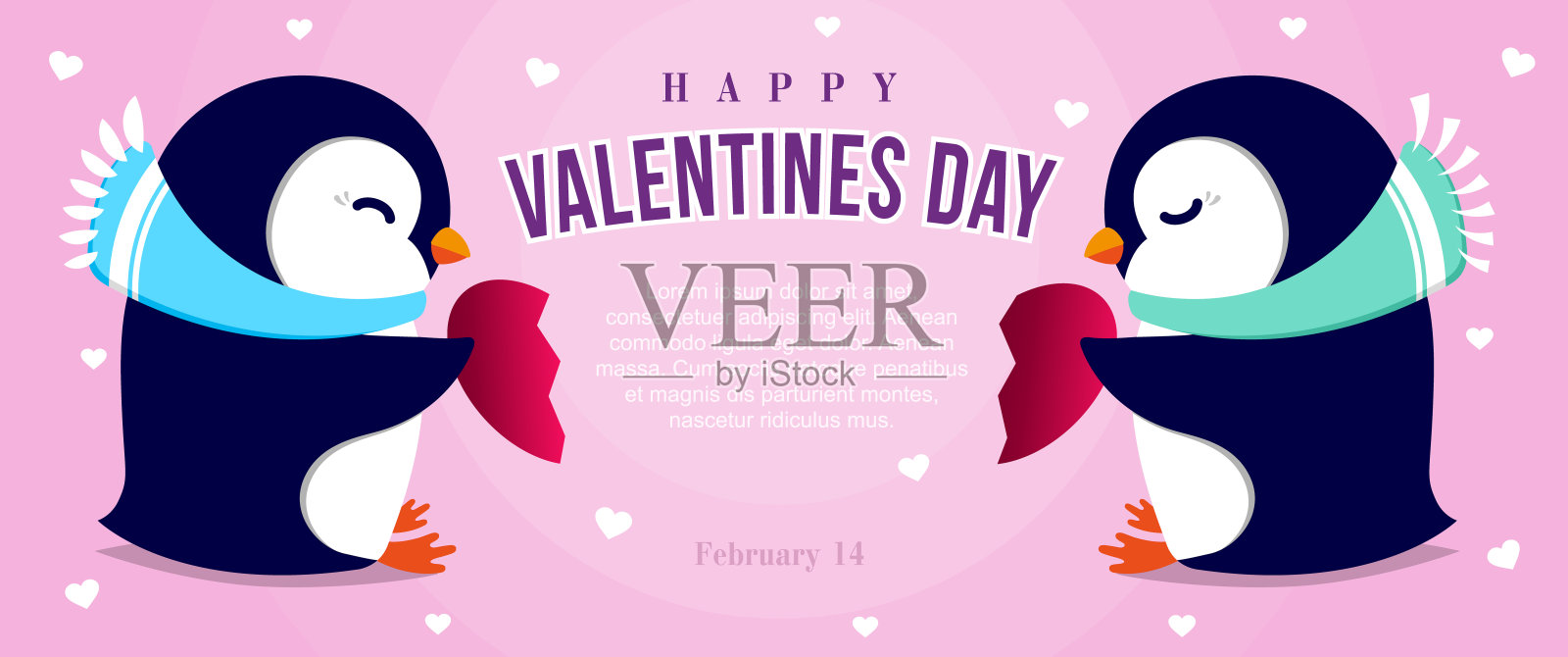 两只企鹅，在粉红色的背景上画着一半的心。全景横幅假日概念，快乐的情人节插画图片素材