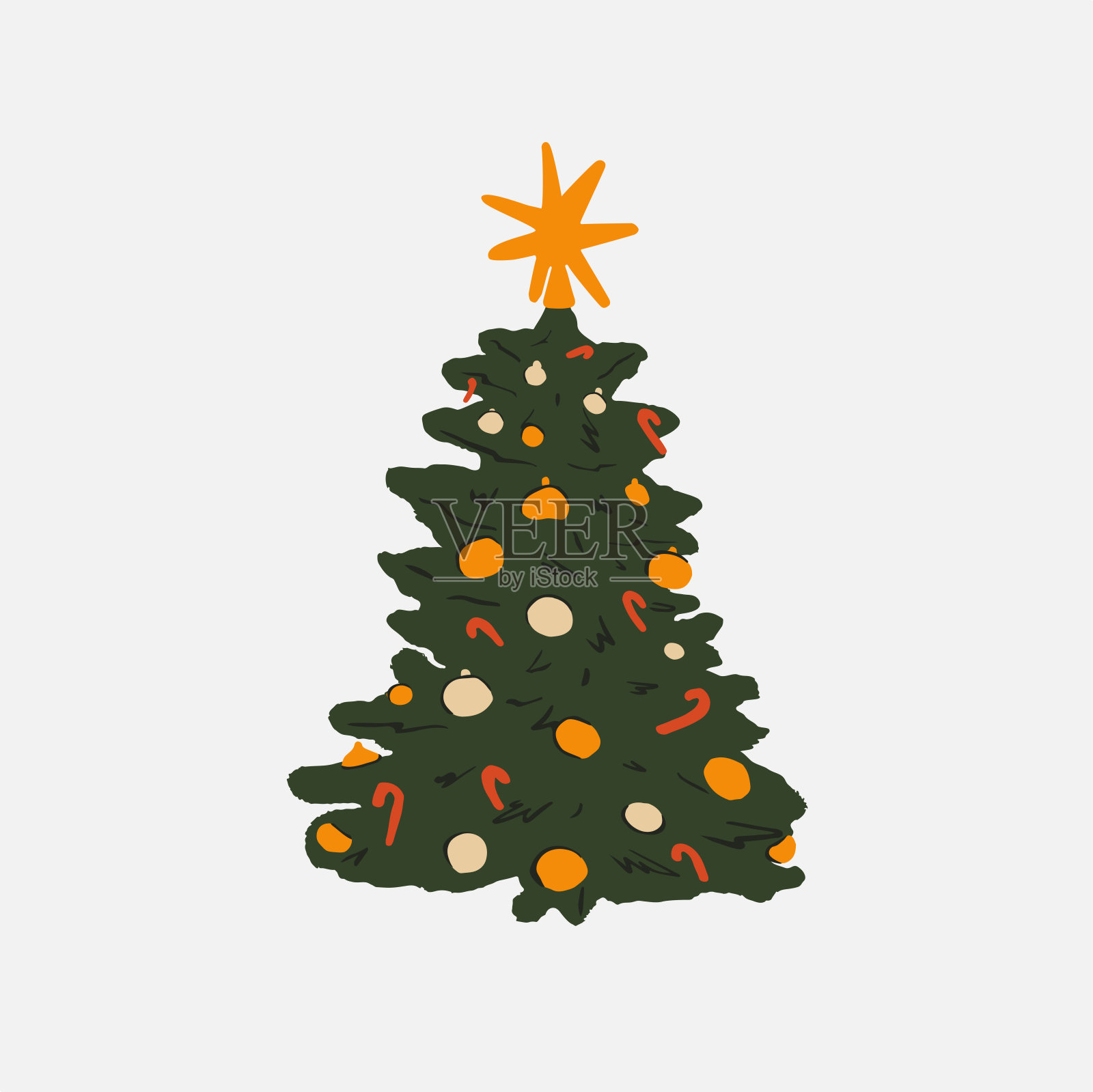 圣诞树上有装饰品和星星。圣诞树矢量插图网页设计，节日卡片，海报，贴纸，海报，包装设计插画图片素材