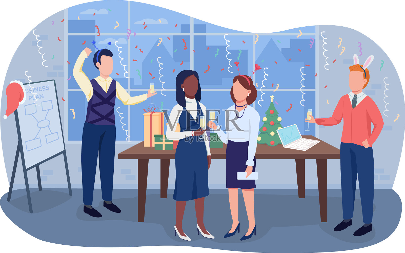 办公室圣诞派对2d孤立插画图片素材