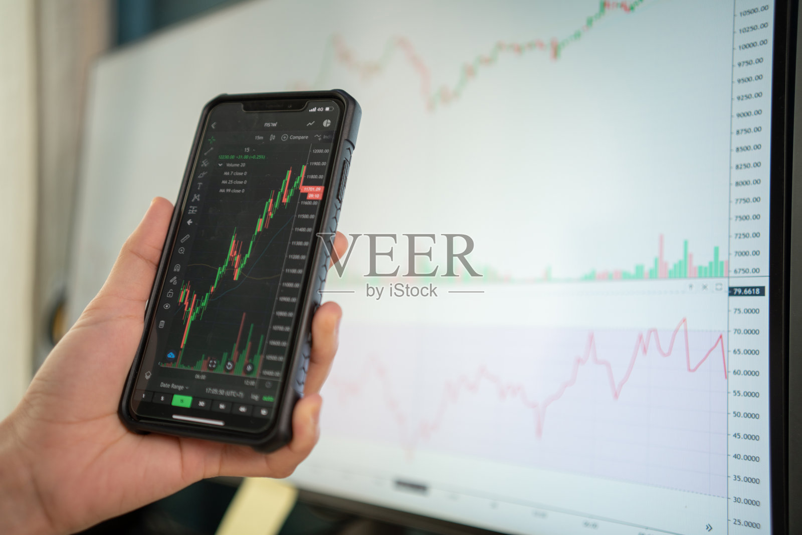 亚洲股票投资者穿着白色西装在房子的卧室里通过电脑屏幕和平板电脑查看股票图表。照片摄影图片