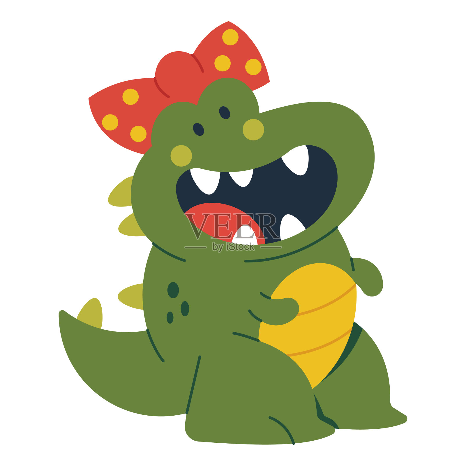 可爱的女孩恐龙与红色的弓矢量卡通人物插图孤立在白色的背景。设计元素图片